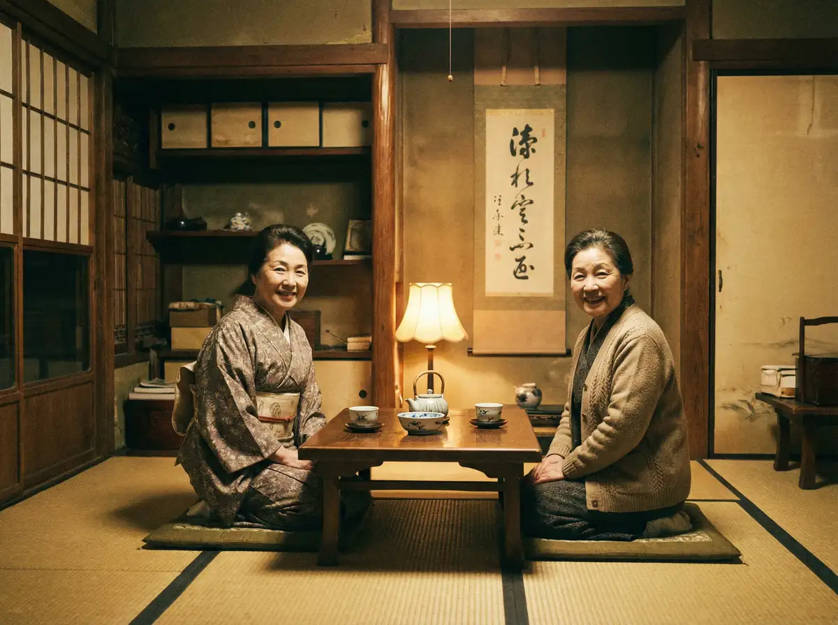 两位优雅的 91动漫 在日式茶室中品茶交谈